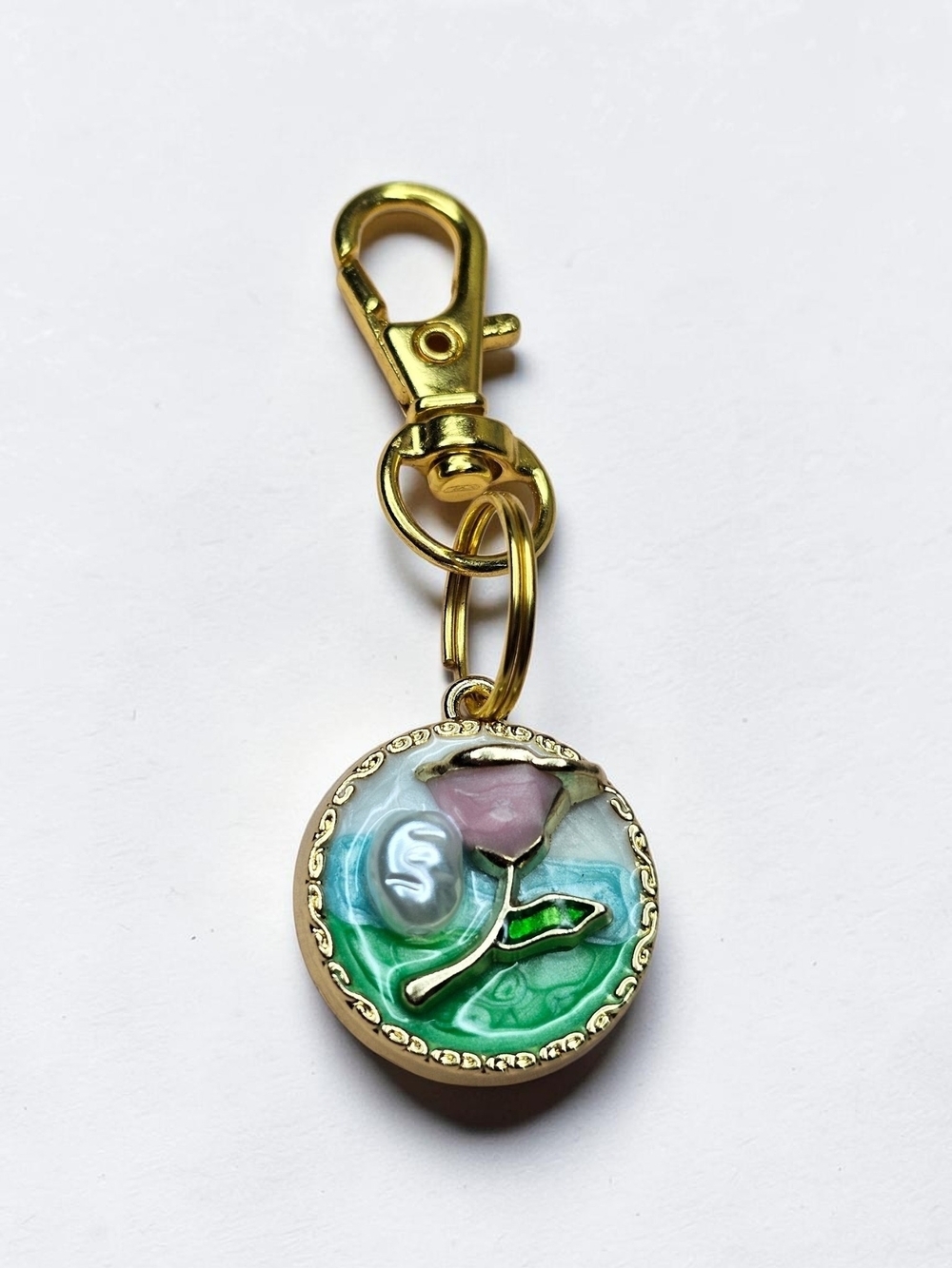 Gold-Plated Pastel Rose Keychain Charm - Picture 2 of 4
